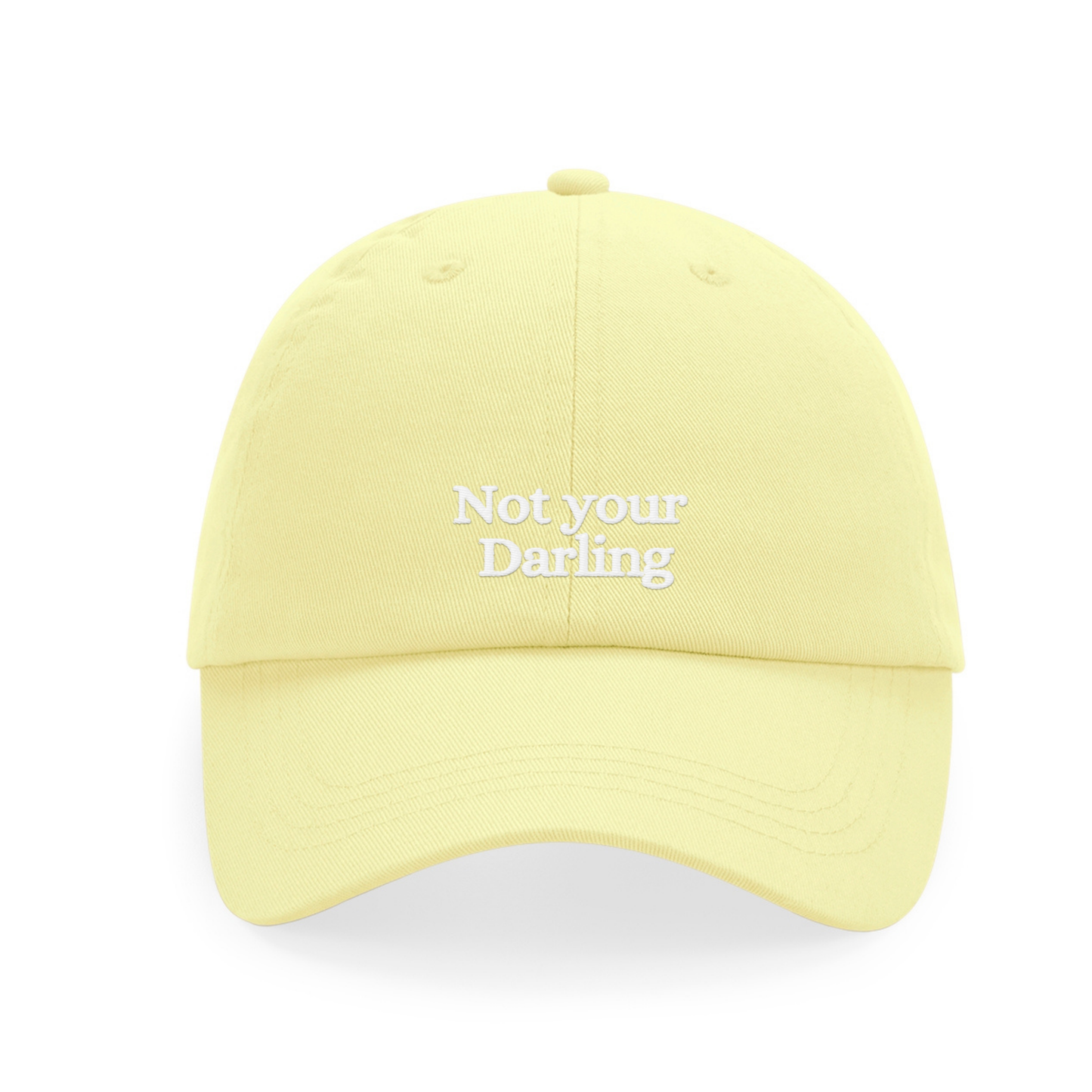 Gelbe Vintage Cap mit weißer Stickerei „Not your Darling“ – Feminist Statement Hat – Adept Studios