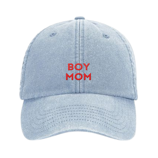 Vintage blaue Cap mit roter Stickerei „Boy Mom“ – Adept Studios