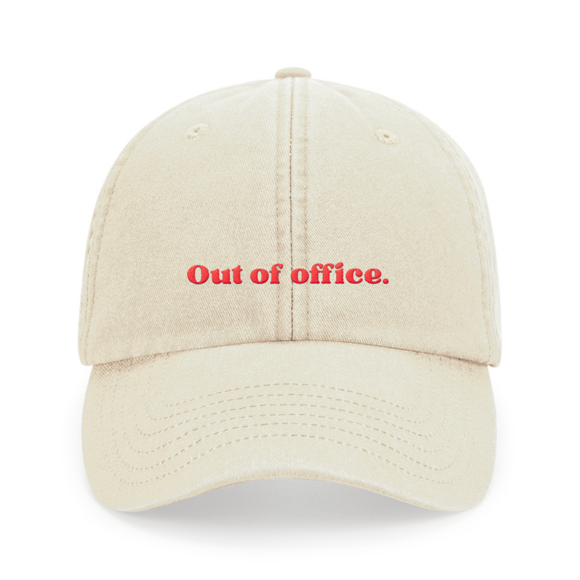 Beige Vintage Cap mit roter Stickerei „Out of office.“ – Adept Studios