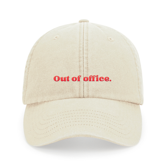 Beige Vintage Cap mit roter Stickerei „Out of office.“ – Adept Studios