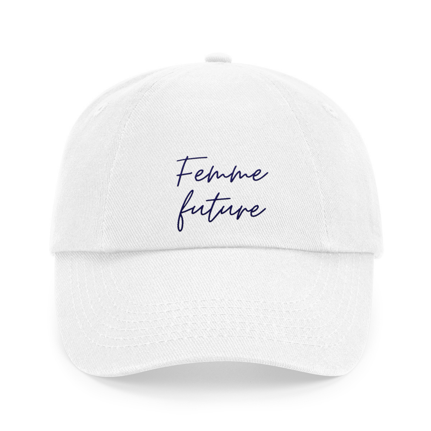Weiße Vintage Cap mit navyfarbener Stickerei „Femme future“ – Statement & Empowerment Cap für Frauen – Adept Studios