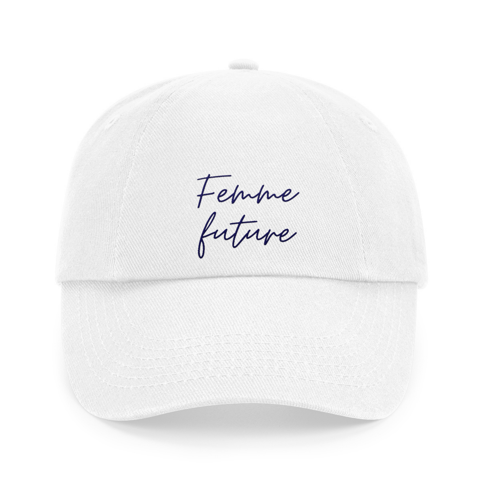 Weiße Vintage Cap mit navyfarbener Stickerei „Femme future“ – Statement & Empowerment Cap für Frauen – Adept Studios